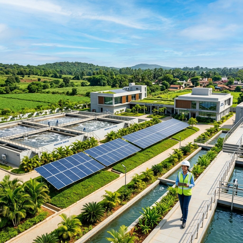 A clean, modern water treatment and eco-sanitation facility in India surrounded by green lawns under a blue sky.